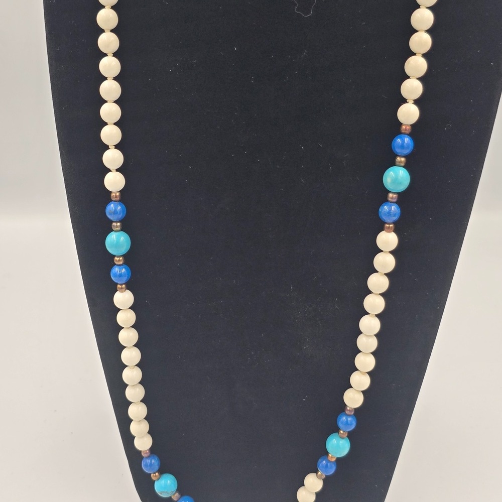 Vintage Beaded Necklace Turquoise Lapis Lazuli Natural White Hetian Nephrite - Picture 5 of 12